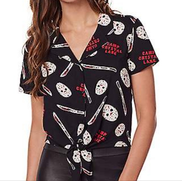 HALLOWEEN Jason Voorhees Tie Front Shirt Friday The 13th Camp Crystal Lake - Picture 1 of 11